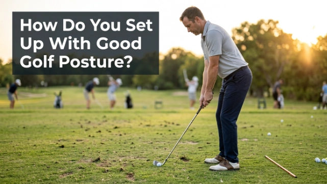 Beginner golfer using a hip hinge, soft knees, and relaxed arms at address