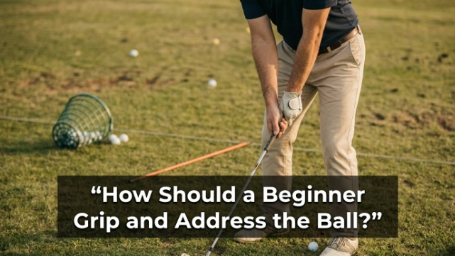 Beginner demonstrating a neutral golf grip and balanced address position with a 7-iron