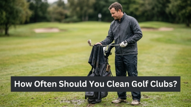 Golfer wiping a muddy iron after a wet shot as part of regular golf club maintenance