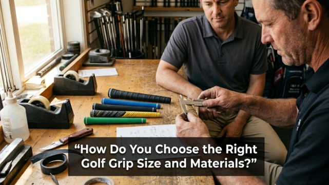 Club fitter measuring a golfer&rsquo;s hand and comparing golf grip sizes and materials.