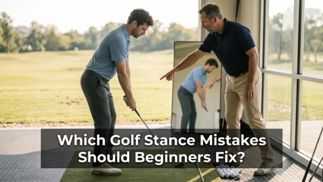 Golf instructor correcting a beginner standing too far from the ball with poor balance.