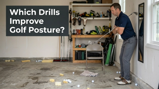 Golfer practicing a wall hip-hinge drill in a home training space