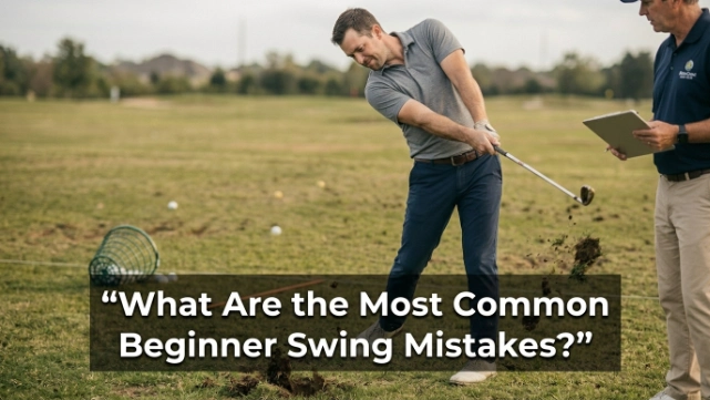 Beginner golfer makes a fat iron shot while an instructor observes the swing mistake