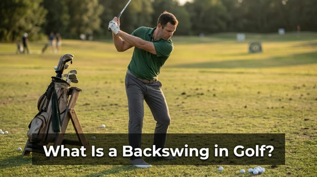 Amateur golfer showing what a backswing is at an outdoor practice range