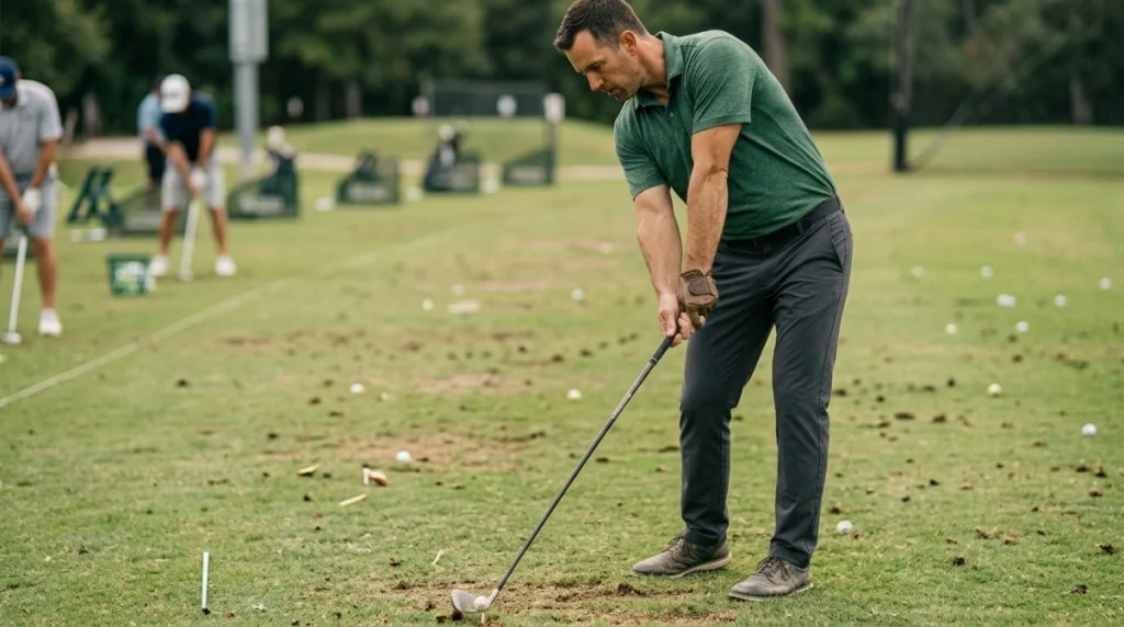 Golfer demonstrating the early downswing with hip rotation and relaxed arms