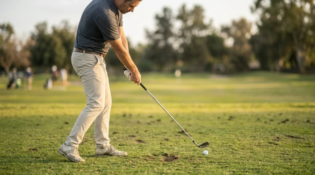 Iron approaching a golf ball before creating a divot beyond the impact point