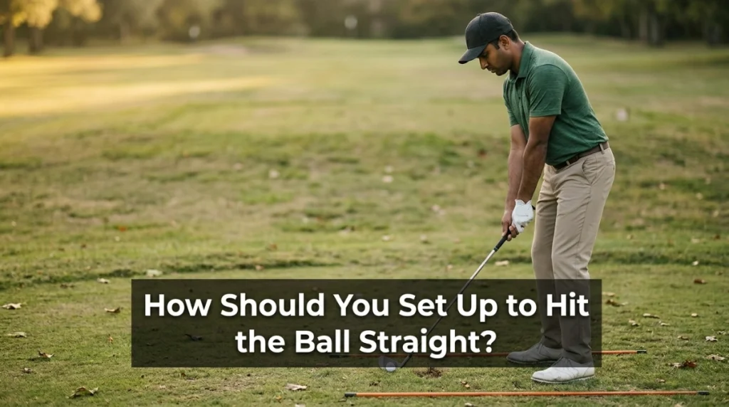 Golfer aligning his clubface and body with alignment sticks before an iron shot