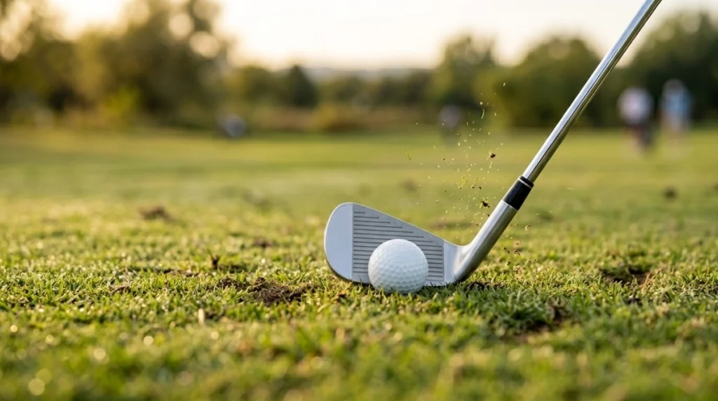 Close-up of centered iron contact with a golf ball before the turf