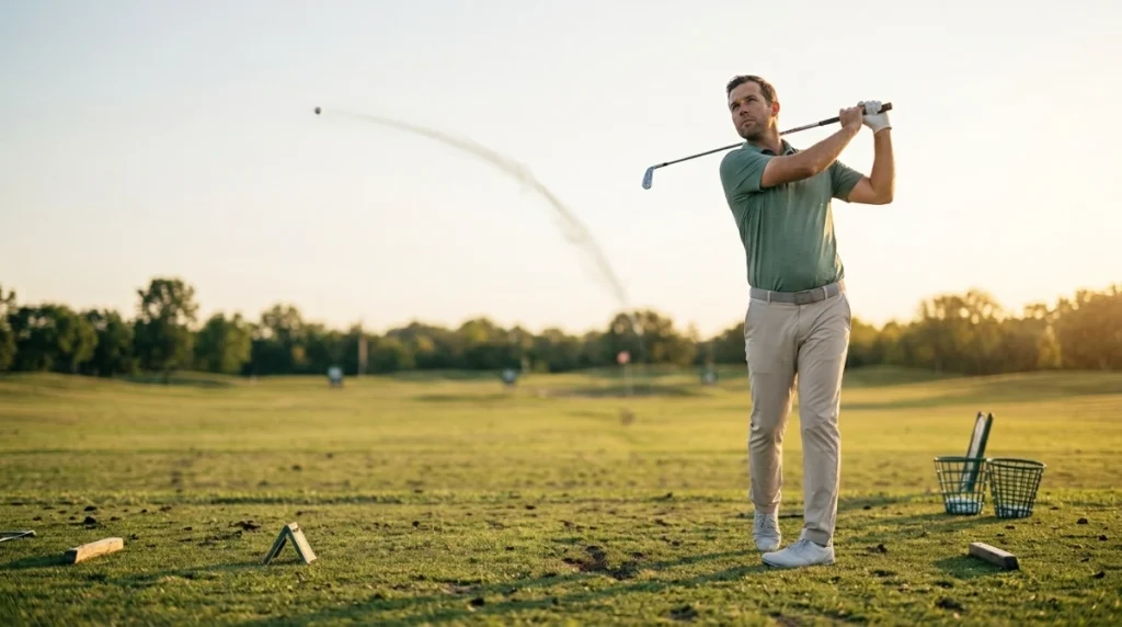 Right-handed golfer demonstrating a golf slice that curves sharply to the right