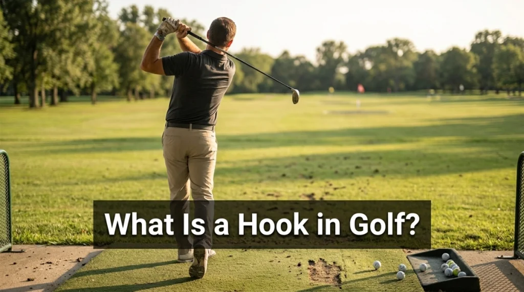 Right-handed golfer demonstrating a hook that curves sharply left at a driving range