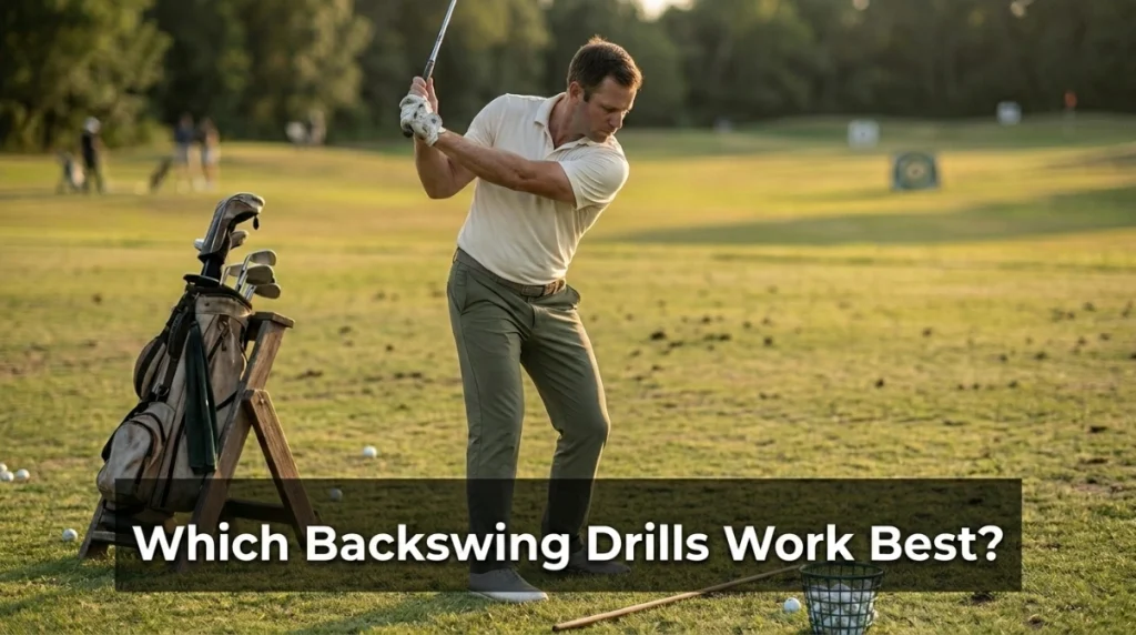 Golfer practicing a feet-together drill to improve backswing balance and control