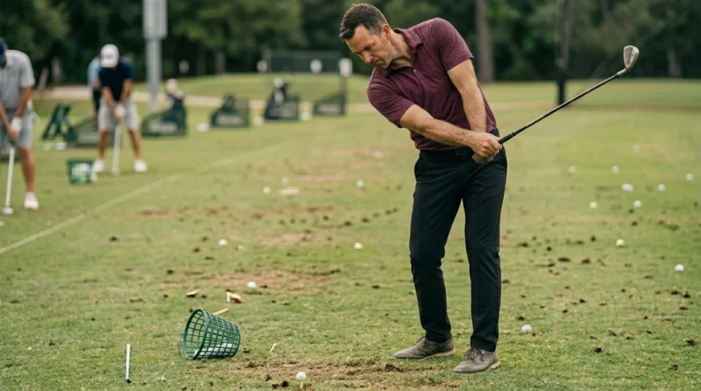 Golfer demonstrating an over-the-top downswing caused by early shoulder rotation