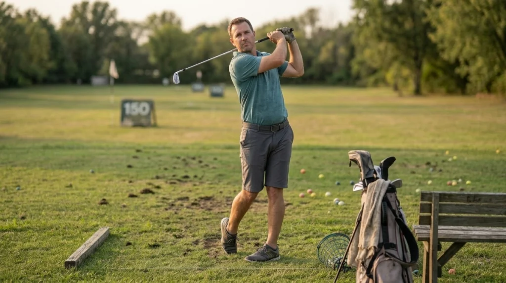 Golfer using the feet-together drill to improve balance and follow through