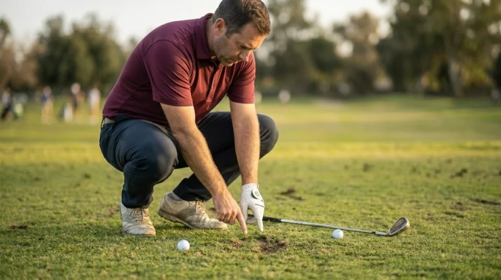 Golfer inspecting turf marks from thin, fat, and clean iron shots