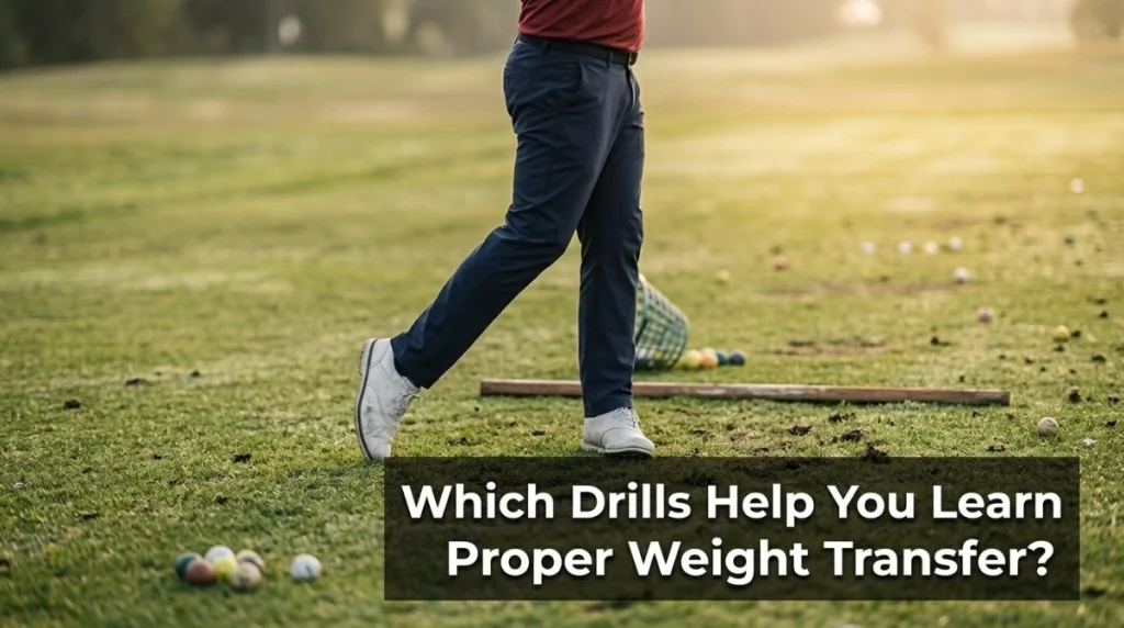 Golfer using a step-through drill to practice proper golf weight transfer