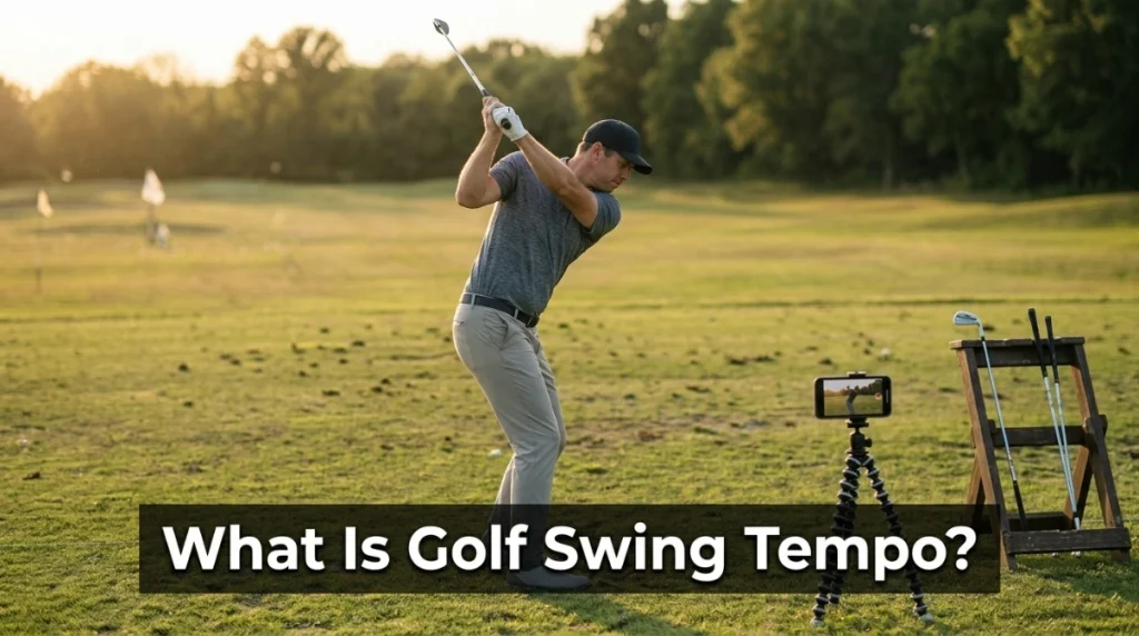 Golfer comparing driver, iron, wedge, and putter while practicing consistent tempo.
