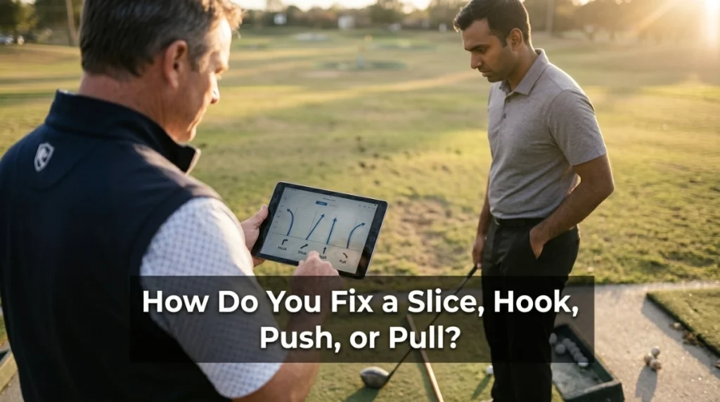 Golfer and instructor diagnosing a slice, hook, push, and pull at the range