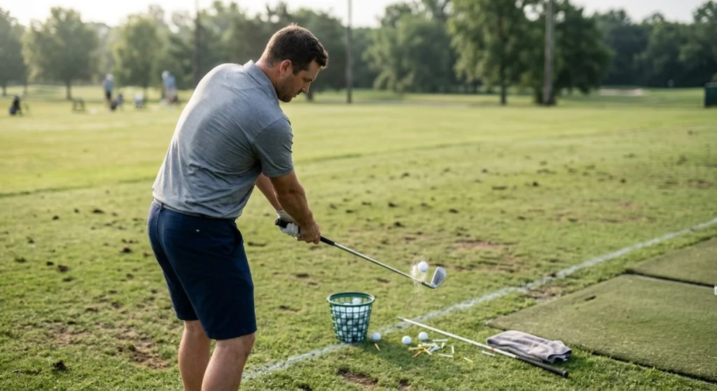 Golfer using line, towel, and face-spray drills to improve contact