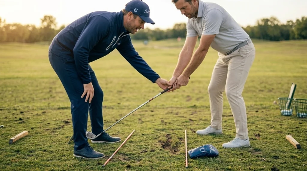 Golf coach helping a player fix a slice using alignment sticks and a path drill