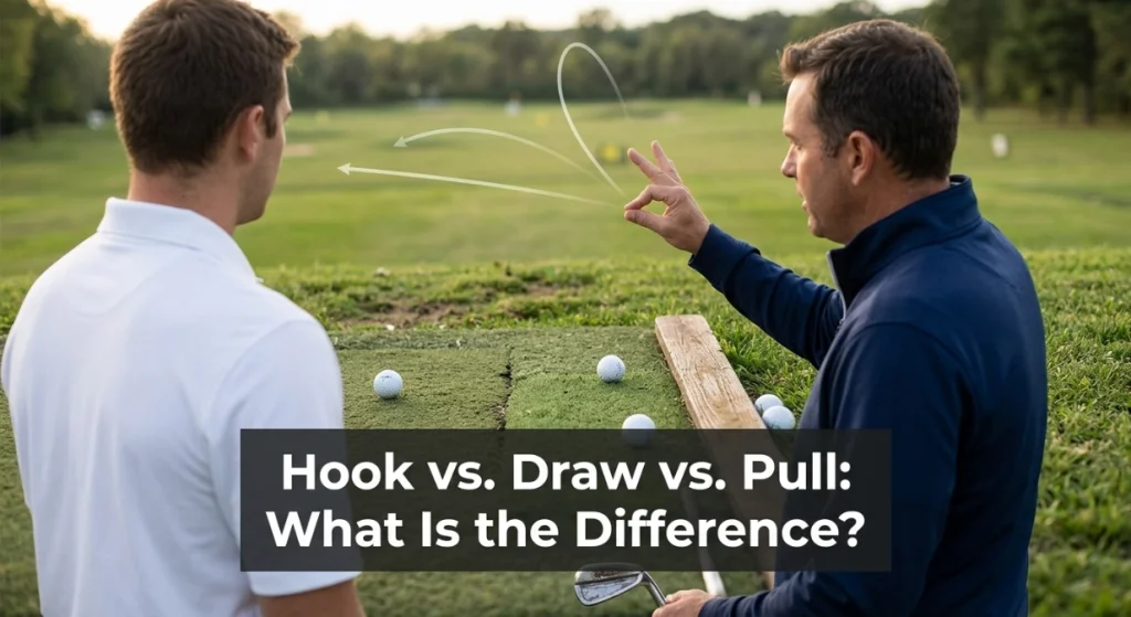 Golf instructor explaining the differences between a hook, draw, and pull at a range