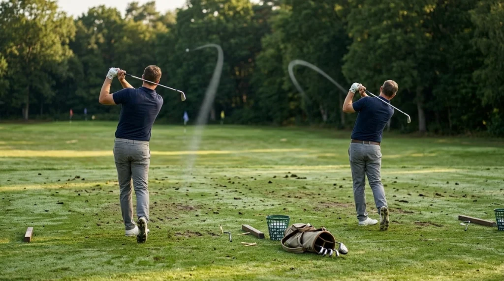 Two right-handed golfers demonstrate controlled fade vs draw ball flights