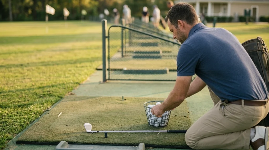 Beginner arranging rented clubs and a small ball basket in a public driving range bay