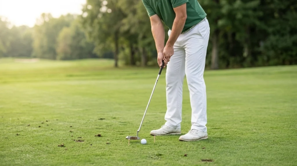 Golfer practicing a balanced setup with tees beside the putter head