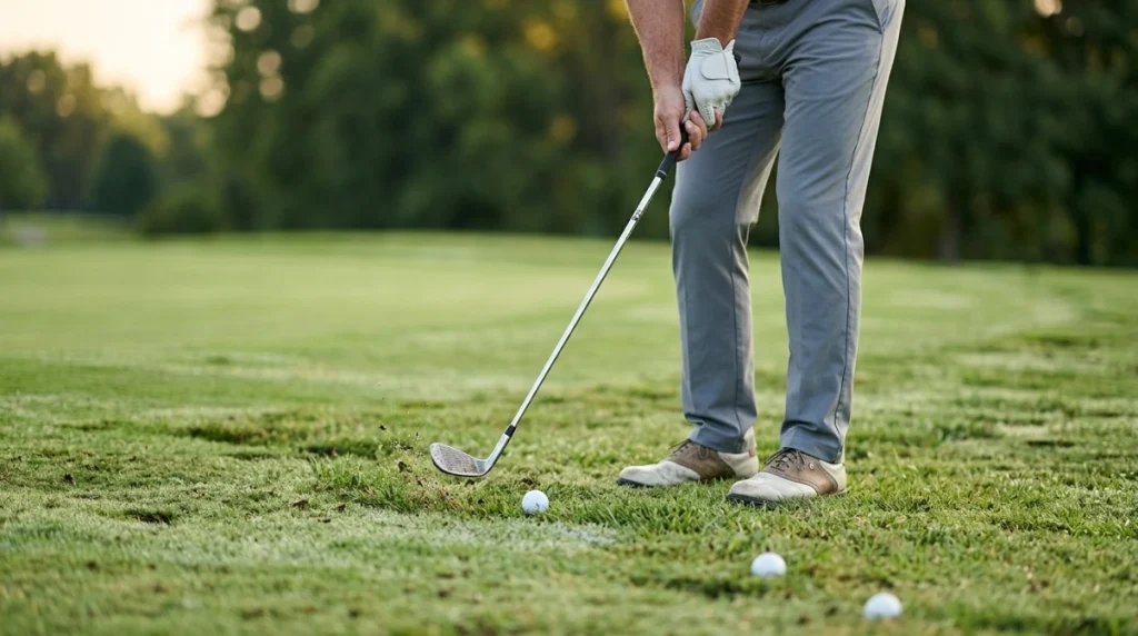 Golfer using a narrow stance and forward pressure during consistent chipping practice