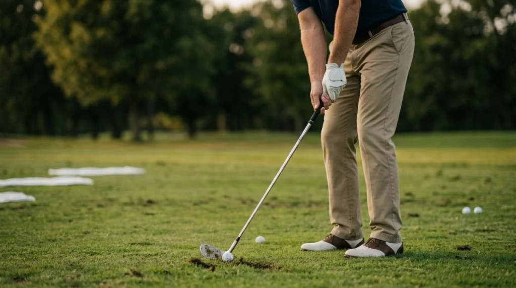 Golfer demonstrating a balanced pitching practice setup with a narrow stance and centered ball