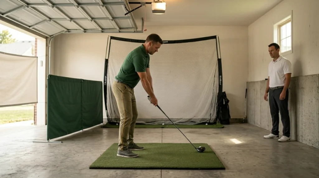Golfer tests ceiling and wall clearance before indoor golf practice in a garage