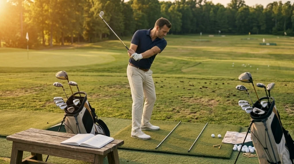 Golfer preparing clubs and training tools for a balanced 60-minute golf practice routine