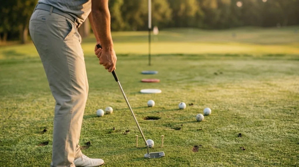 Beginner golfer practicing a putting gate drill with tees and distance-control targets