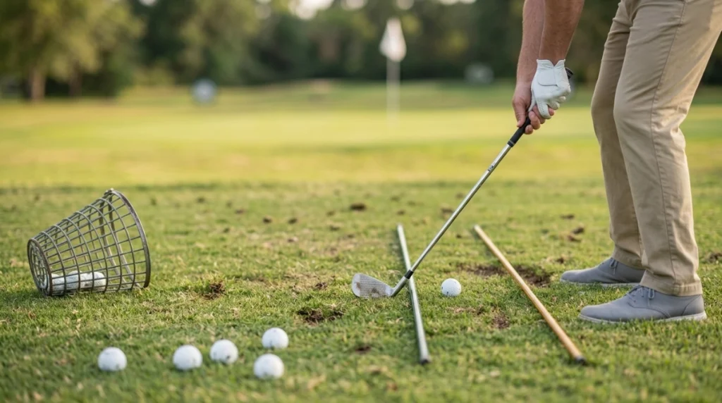 Golfer aiming a 7-iron between two parallel sticks during an alignment drill