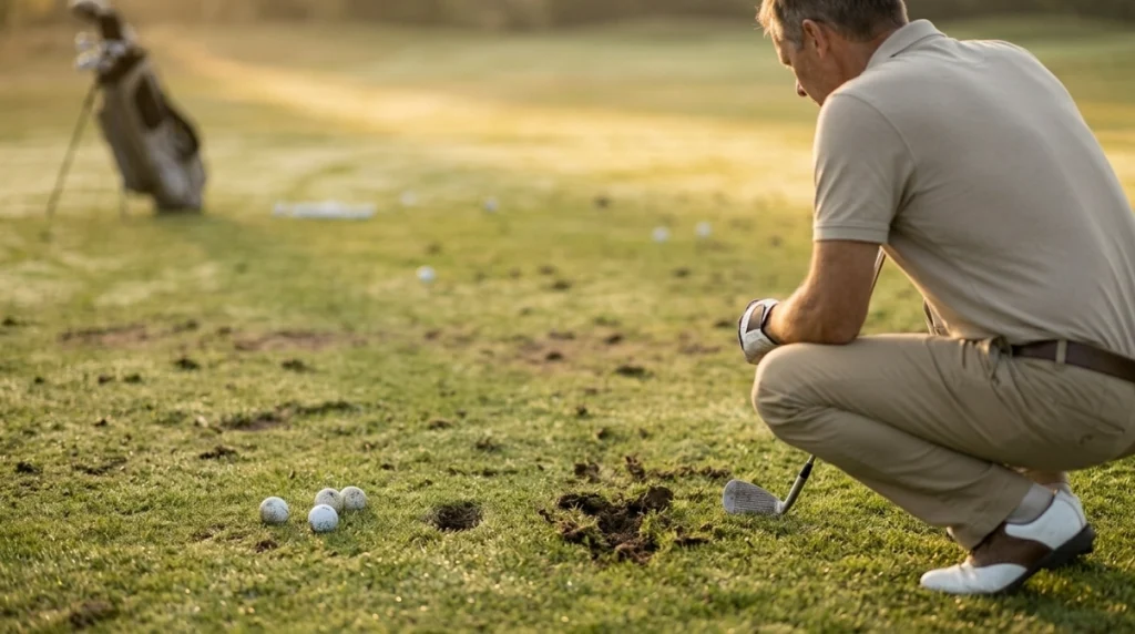 Golfer inspecting heavy, thin, and centered strike patterns during distance control practice