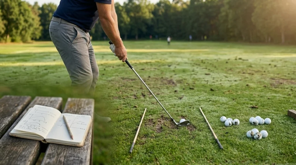 Golfer practices fade vs draw using a 7-iron, nine balls, and alignment sticks