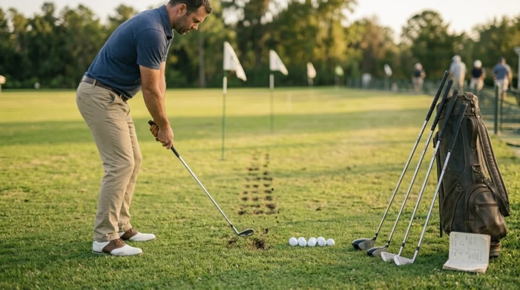 Golfer following a driving range guide with wedges, irons, woods, targets, and controlled shots