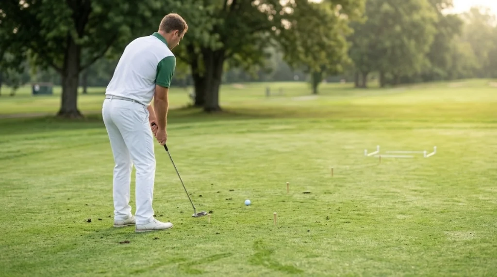 Golfer using staggered tee markers for a putting distance-control ladder drill