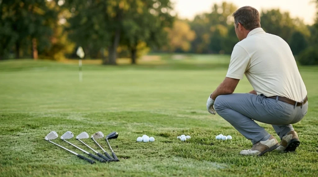 Golfer comparing five chipping clubs beside fairway grass, rough, and a sloped lie