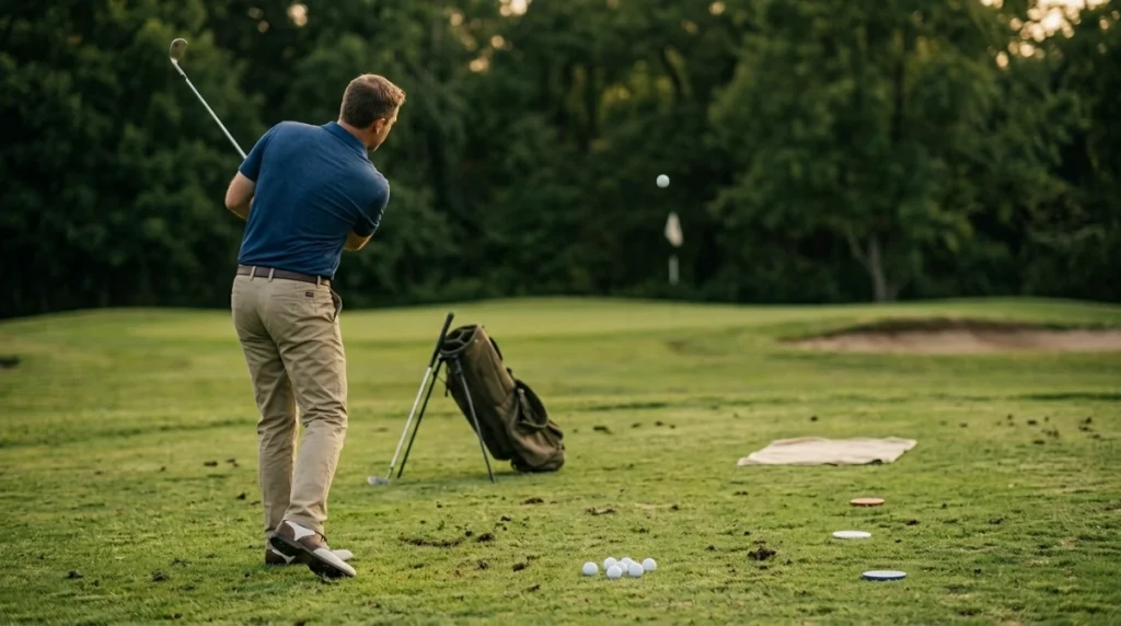 Golfer doing a pitching practice drill with towel landing zones and changing targets