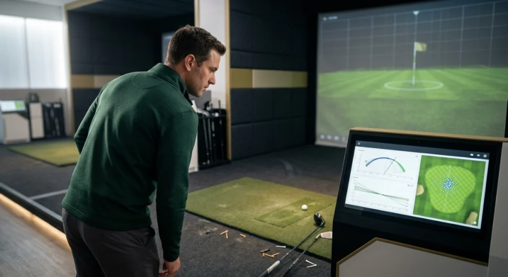 Golfer reviews launch data during an indoor golf practice session in a simulator bay
