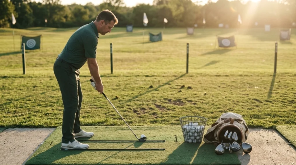 Golfer using alignment rods and multiple targets during a structured driving range practice routine