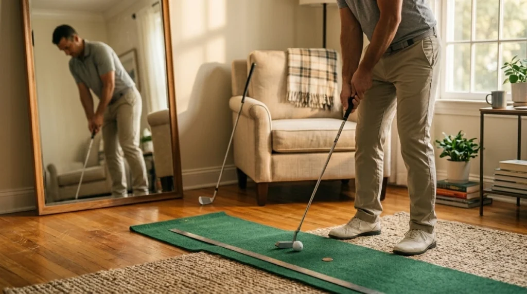 Beginner golfer using a coin, ruler, mirror, and putting mat for home practice