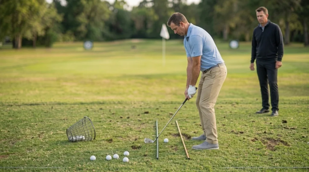 Golfer with open shoulders while feet follow an alignment stick at the range