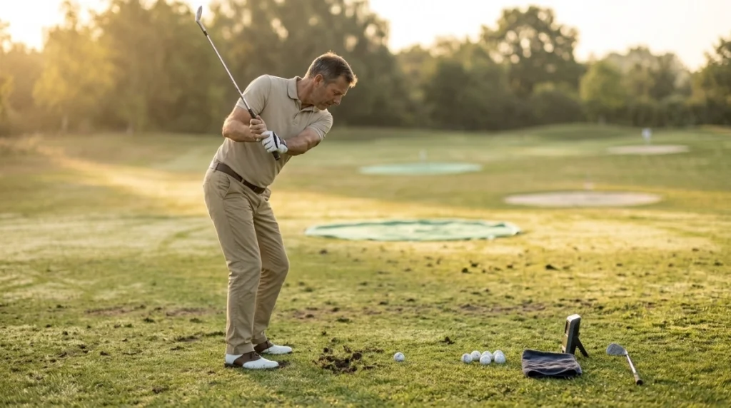 Golfer using three landing zones for wedge distance control practice