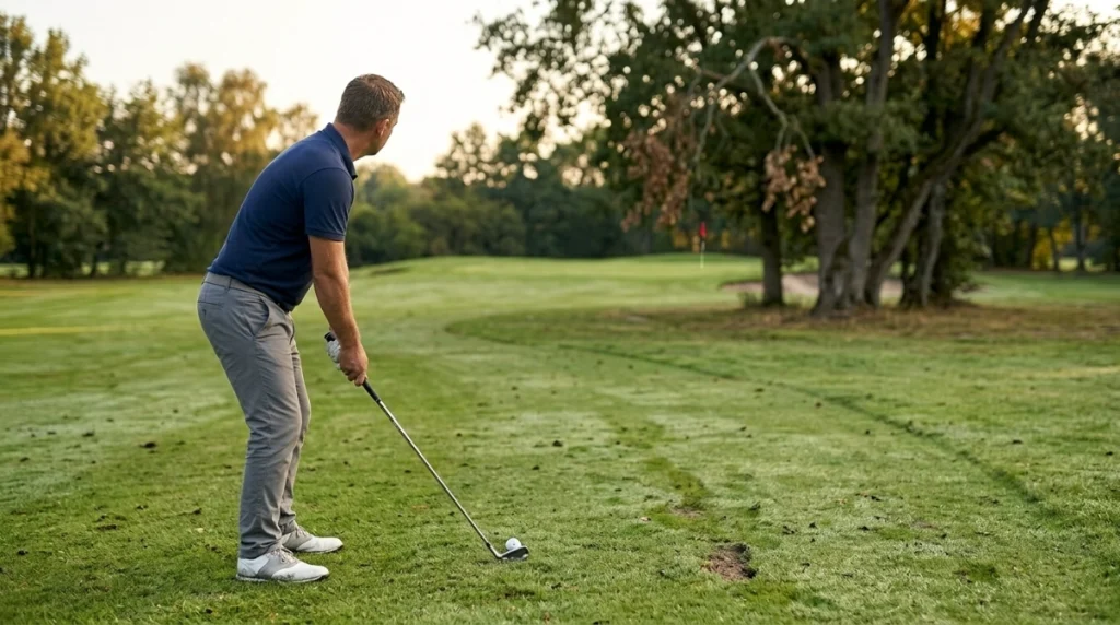 Golfer plans a fade vs draw approach toward the safe center of a dogleg green