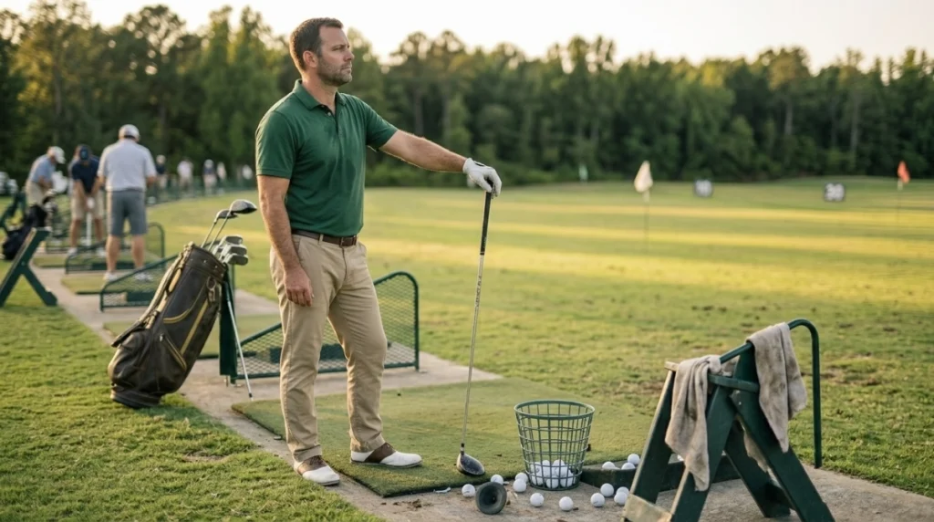 Fatigued golfer pauses beside a large ball basket after excessive driver practice