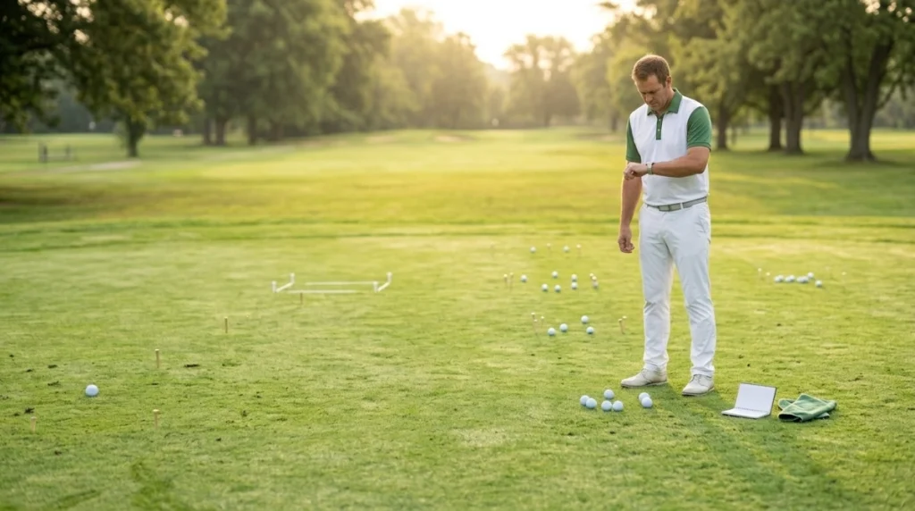 Golfer following a timed putting practice plan with several drill stations