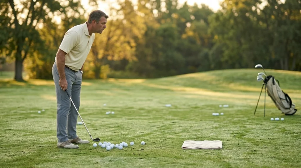 Golfer starting chipping practice with 10 balls, a pitching wedge, and towel target