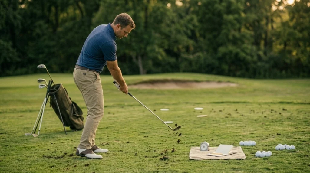Golfer following a weekly pitching practice plan with wedges, targets, varied lies, and recorded results