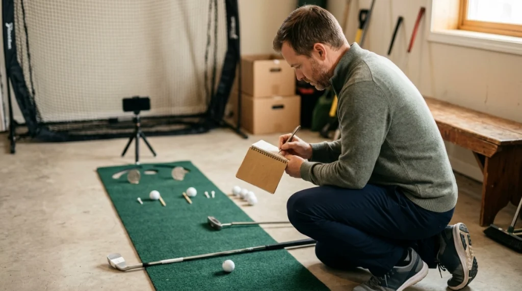 Golfer records putting and contact results during a weekly indoor golf practice routine